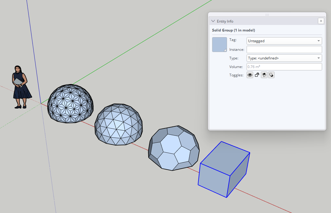 SketchUp-Modelle mit geöffneten Objektinformationen zur Prüfung des Volumenkörper-Status