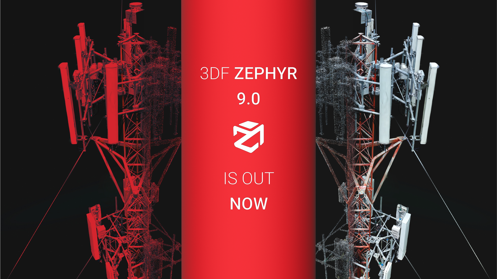3DF Zephyr 9.0 – Punktwolke und texturiertes 3D-Modell eines Funkmasts, Release-Banner