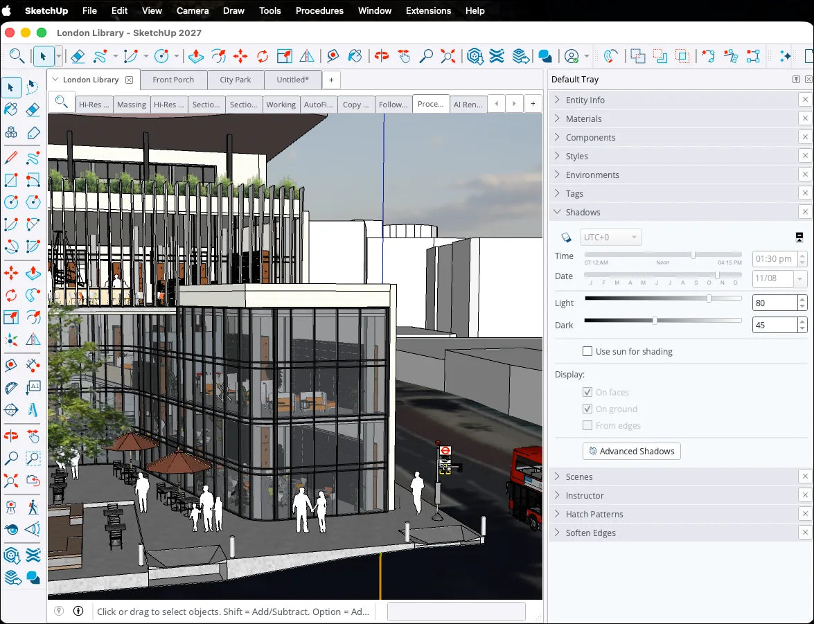 SketchUp 2027 Benutzeroberfläche mit neuer Toolbar und Material-Panel